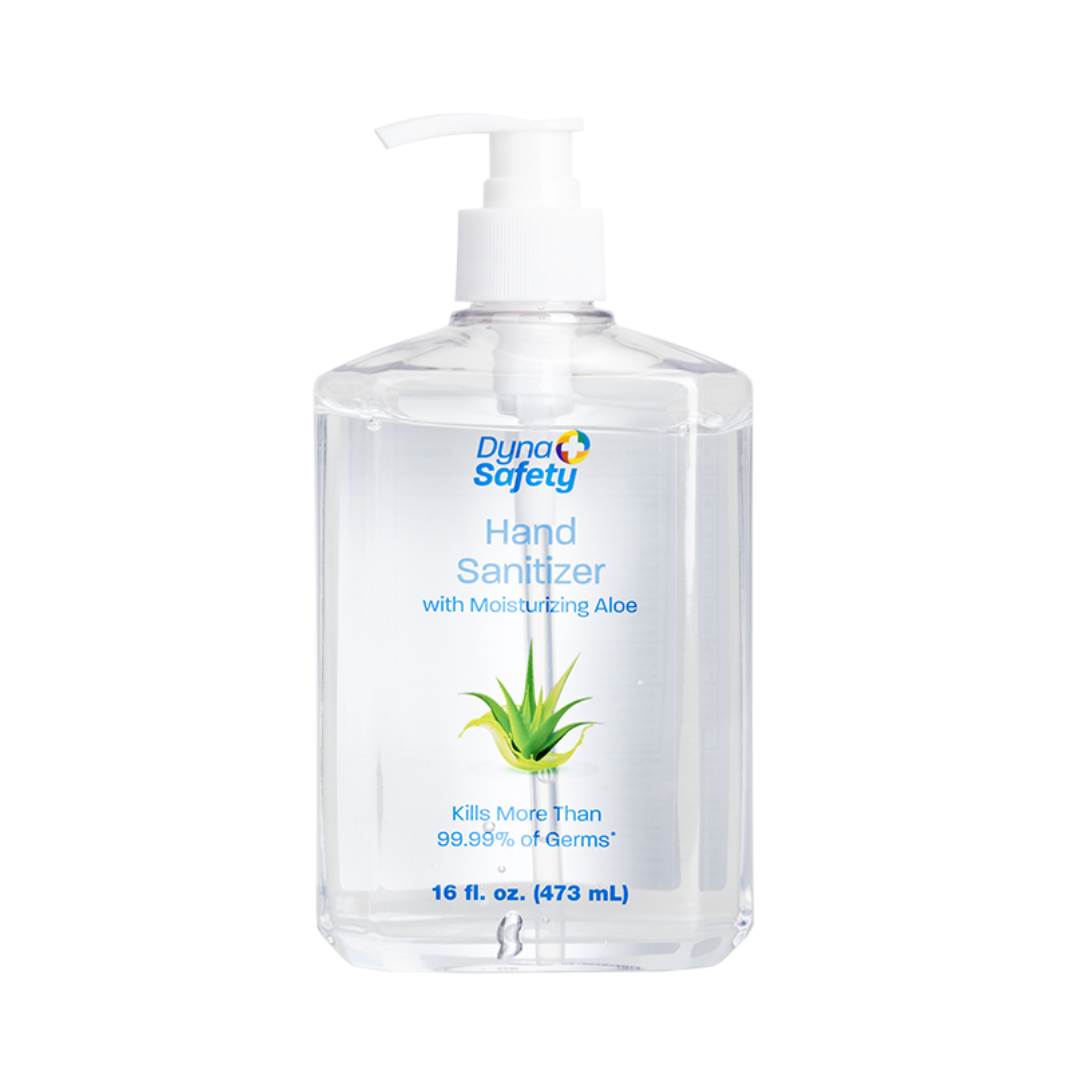 A 16 fl. oz. (473 mL) clear pump bottle of Dynarex Hand Sanitizer with Moisturizing Aloe is shown, featuring an aloe plant on the label and the claim "Kills more than 99.99% of germs.